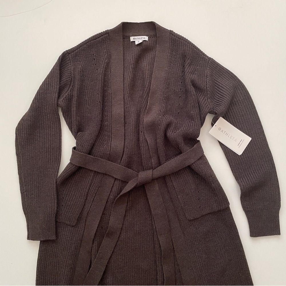 Athleta Scenic Wrap Cardigan Sweater Size XS Walnut Brown Cozy Long Merino Wool - Picture 5 of 10